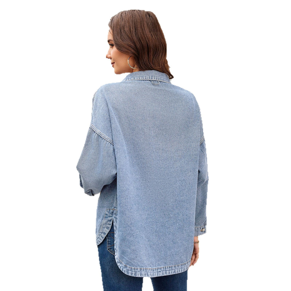 European and american cross-border e-commerce  new arrival washed vintage loose casual early autumn new slit denim shirt for women