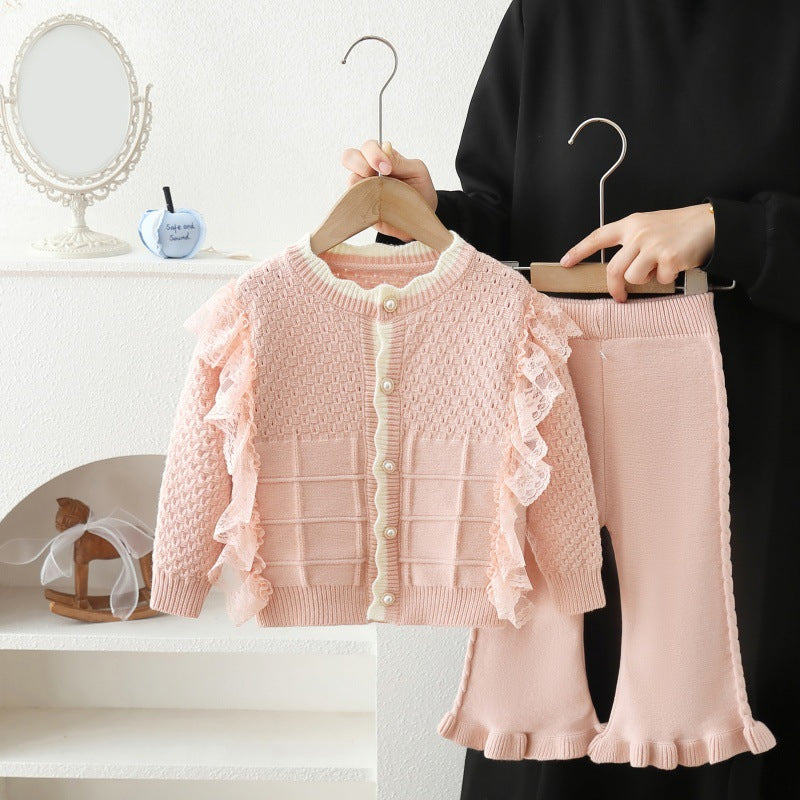 Girls' spring outfit set : new stylish cardigan jacket and lace pants two-piece set for girls - perfect for spring and autumn