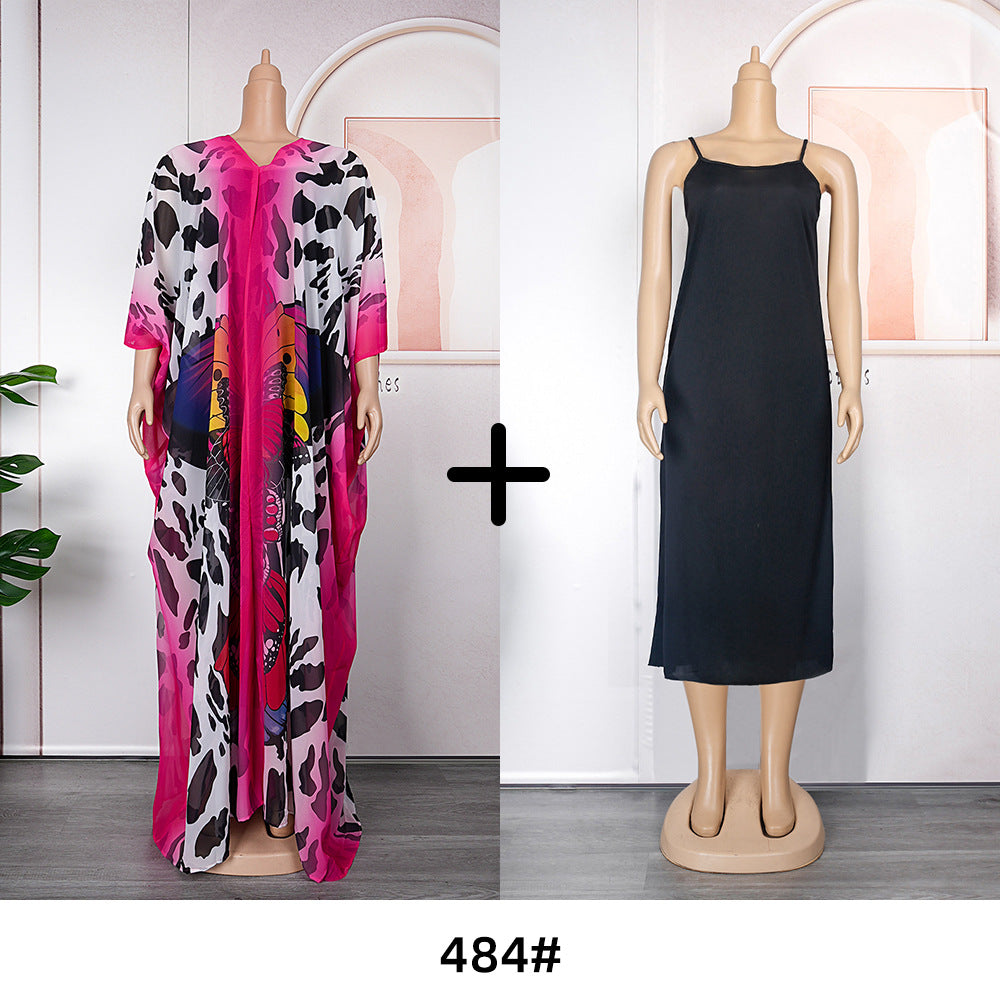 African women's plus size printed holiday beach dress loose sun protection robe  chiffon dress two-piece set
