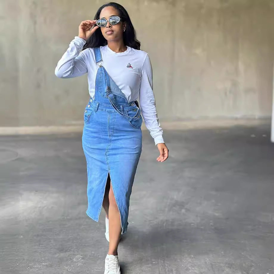 European and american style straight-leg overalls dress -  cross-border women's fashion streetwear - large pocket slit denim skirt