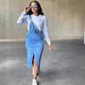 European and american style straight-leg overalls dress -  cross-border women's fashion streetwear - large pocket slit denim skirt