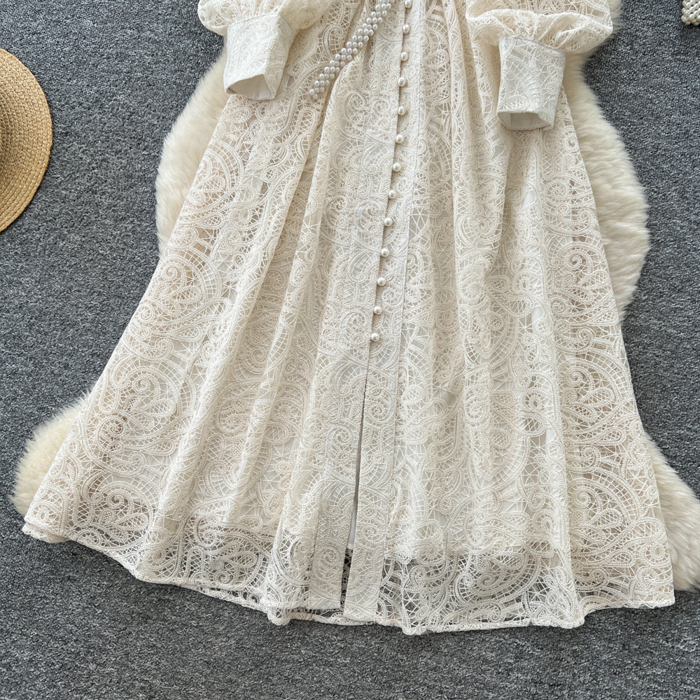 Frenchclassy stand collar v neck lantern sleeve lacedress women's waist slimming lookelegant single-breasted long skirt