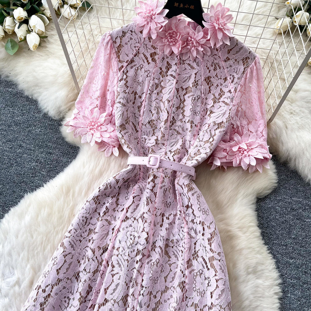 French romantic pink lace dress - women's summer high-waisted a-line maxi dress - commute-friendly, elegant, and chic
