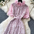 French romantic pink lace dress - women's summer high-waisted a-line maxi dress - commute-friendly, elegant, and chic