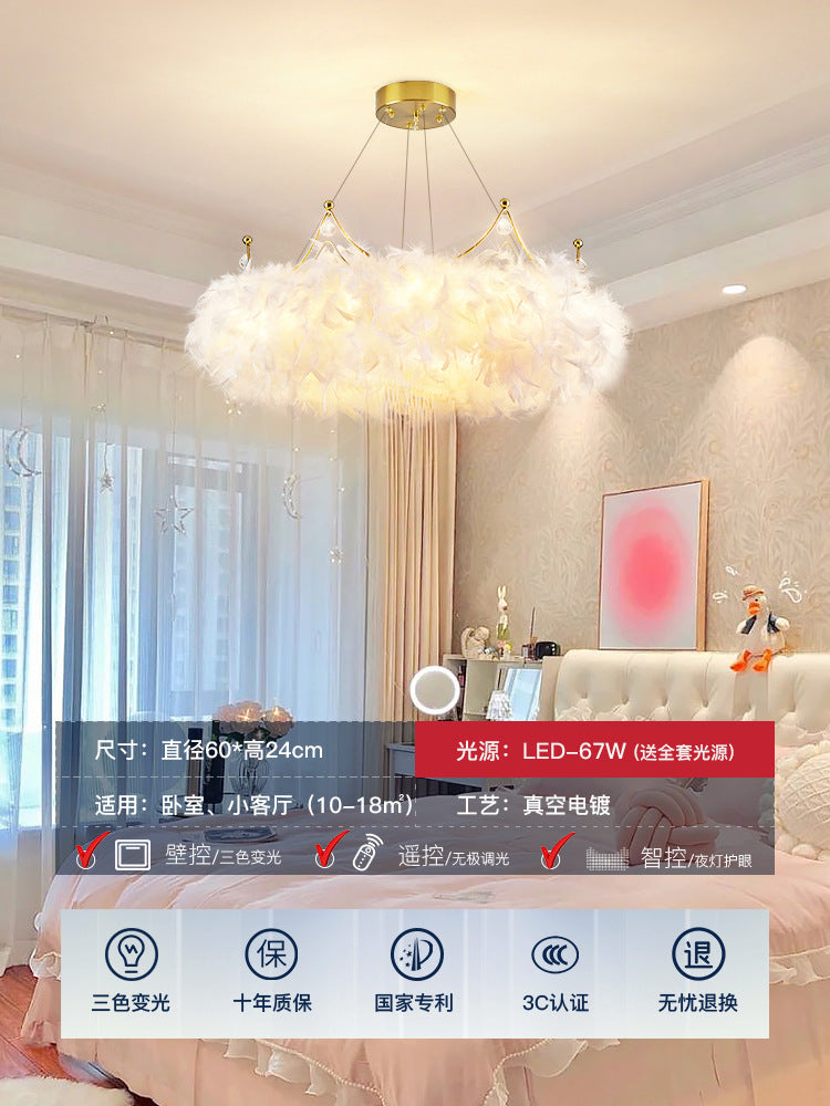 [Strict selection] Bedroom chandelier master bedroom feather lamp cream wind Internet celebrity crown lamp girl room cloakroom lamp