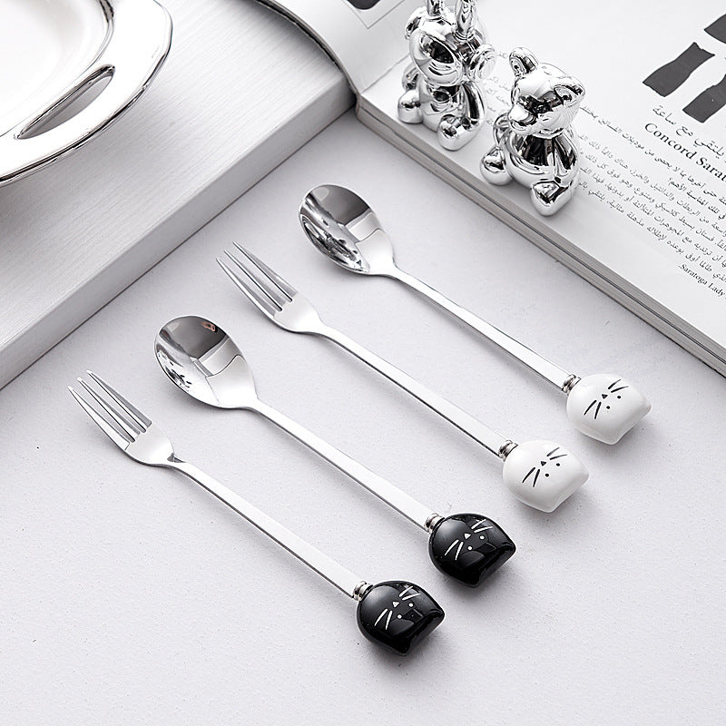 Cute cartoon stainless steel ceramic spoon ice cream scoop soup spoon wholesale fruit fork spoon high-value mixing spoon