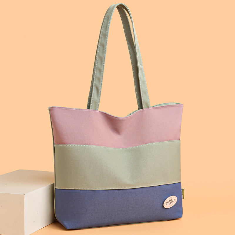 Large capacity canvas tote bag for women, 2023 new color block shoulder bag, minimalist commuter handbag, striped tote bag