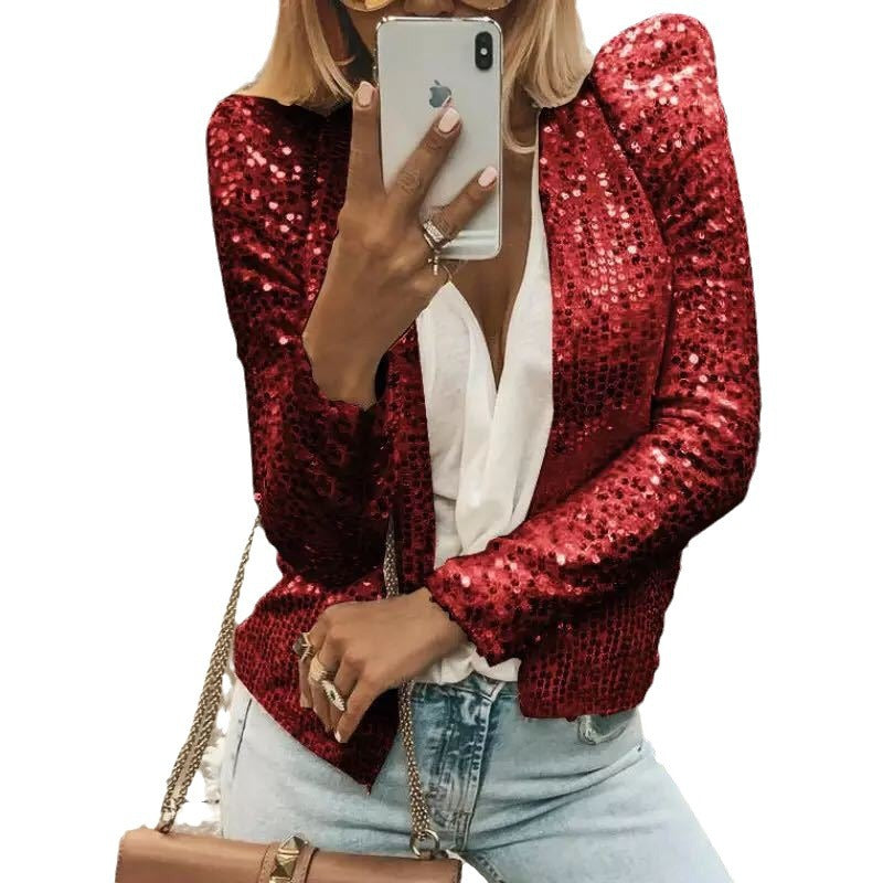 spring new arrival: european and american style fashion stand collar color block sequin jacket - short, casual, and versatile outerwear