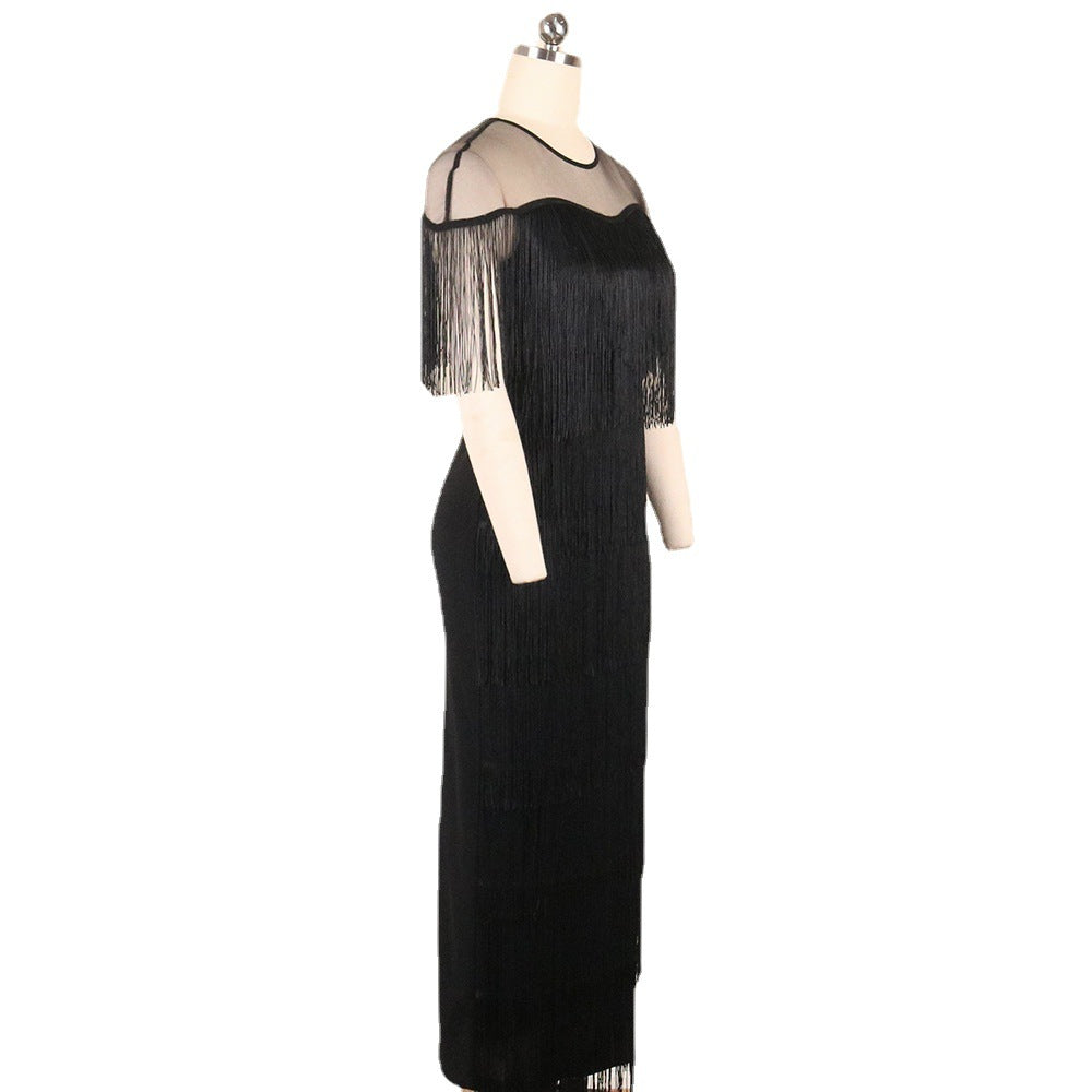 Am210516 mesh patchwork tassel high waist plus size slim fit casual bodycon dress - women's dress