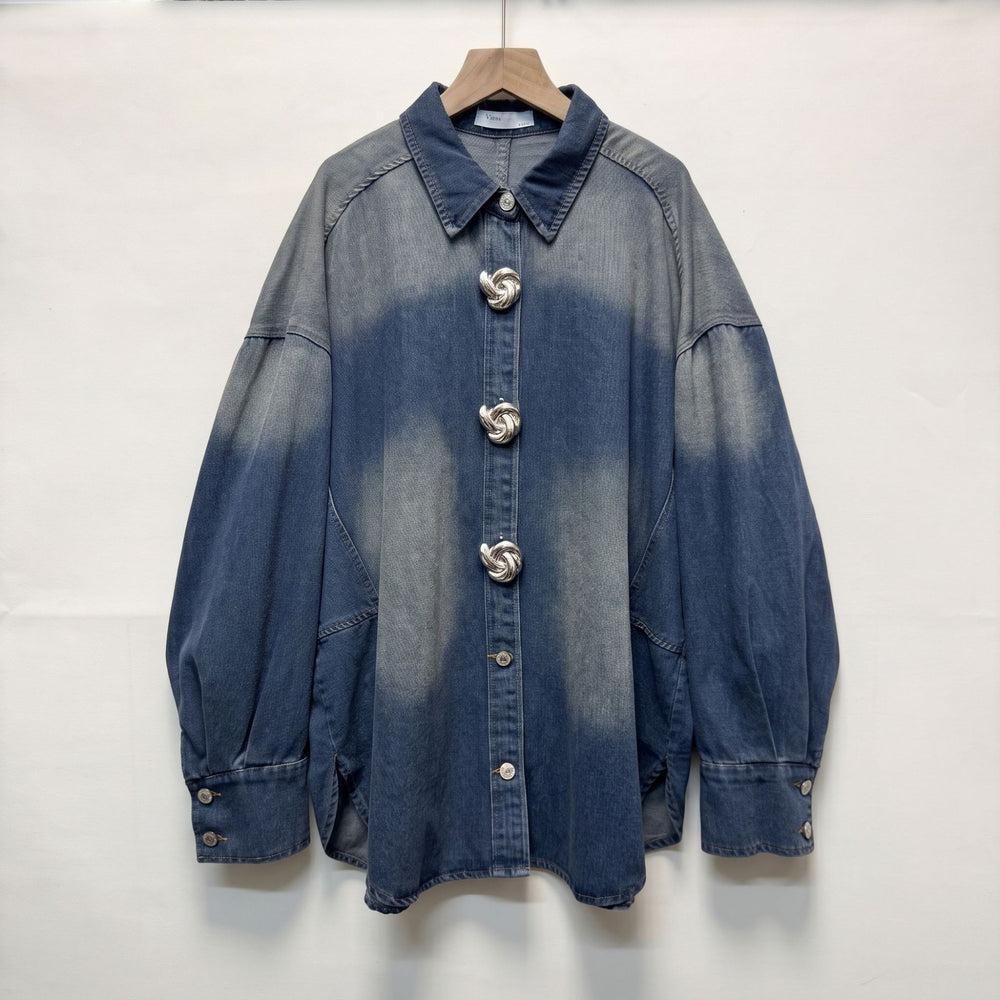 European autumn/winter lapel button-down retro gradient washed oversized long sleeve denim shirt for women