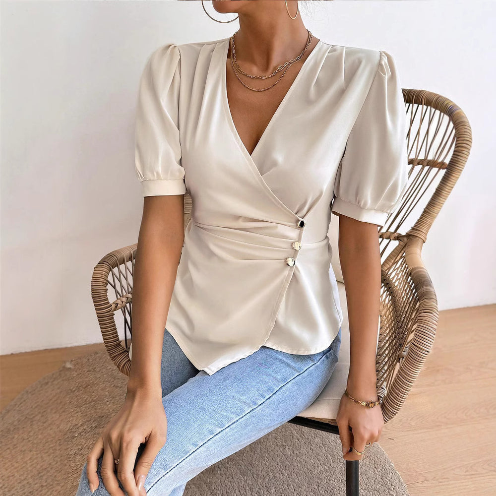 cross-border e-commerce:  &  - european & american style women's short-sleeve blouse - summer chic, slim-fit, tummy-control top