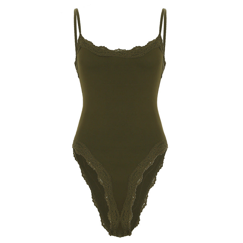 solid color basic lace splicing suspender onesie sexy base medium and long vest top women