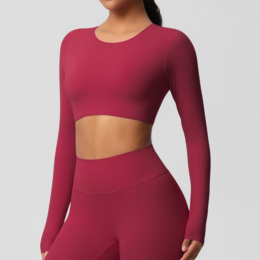 Ready-to-ship, cross-border, double-sided brushed, long-sleeved yoga top with built-in bra pads, suitable for pilates, running, and other workouts. women's