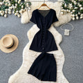 Simple commute style slim-fit elegant two-piece set for women - summer v-neck button-up vest and shorts outfit