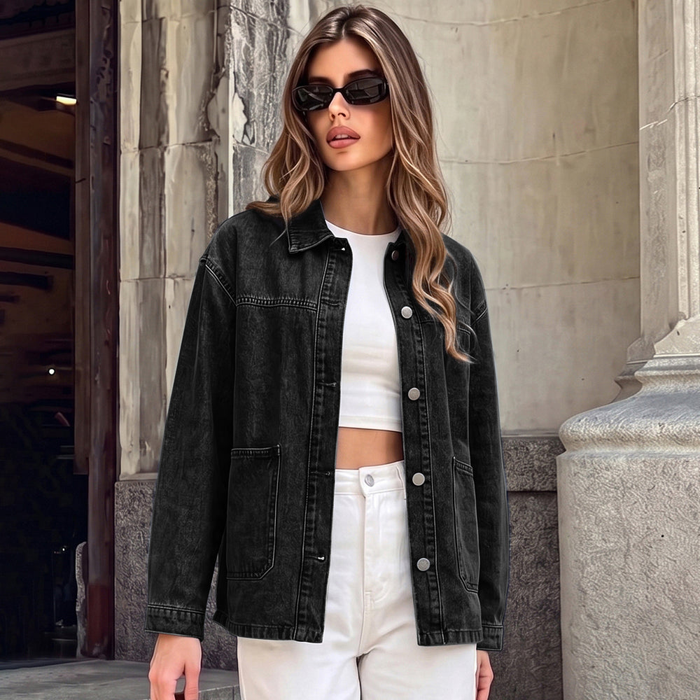 Fashion cross-border exportloose drop-shoulder lapel long sleeves single-breasted double-sided large patch pocket easiest for match layered denim outwear