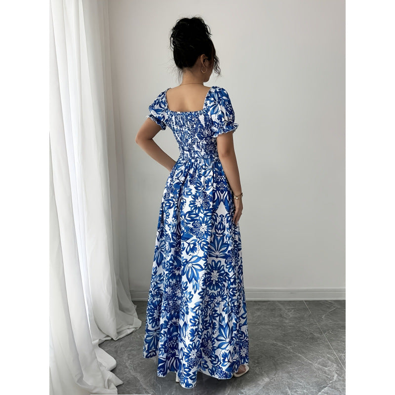 Women's summer printed bubble sleeve tie-front shirred waist maxi dress - perfect for vacation and date night
