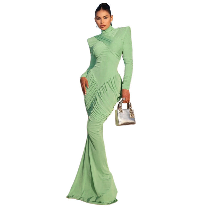 European and American  2025 autumn women's clothing new temperament solid color turtleneck backless splicing pleated thin dress