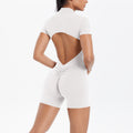 Large backless half open zipper short sleeve yoga jumpsuit dance fitness jumpsuit nude tight sports jumpsuit