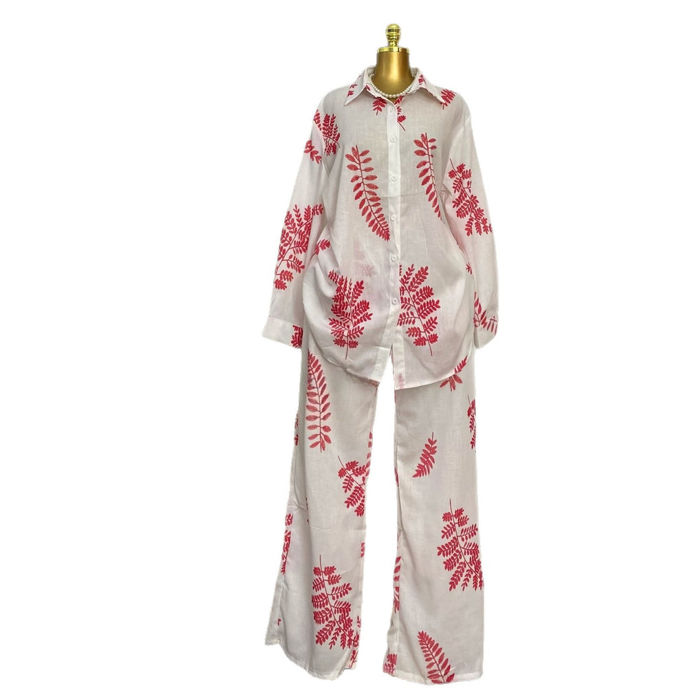 European and american cross-border women's fashion:  spring new collection - stylish turn-down collar printed loose-fit shirt and wide-leg trousers casual set