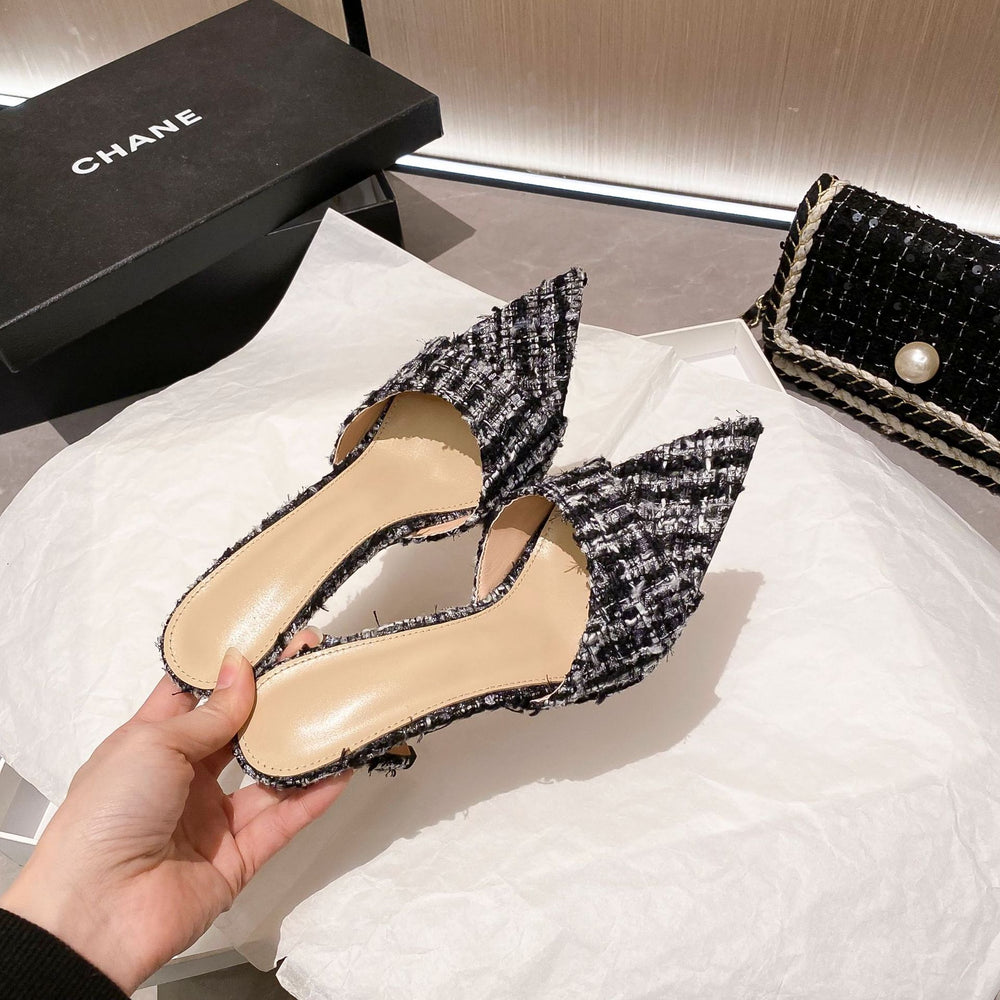 Yx tweed style stiletto heels - 2026 autumn fashion pointed-toe elegant french sandals - versatile sexy outdoor slides