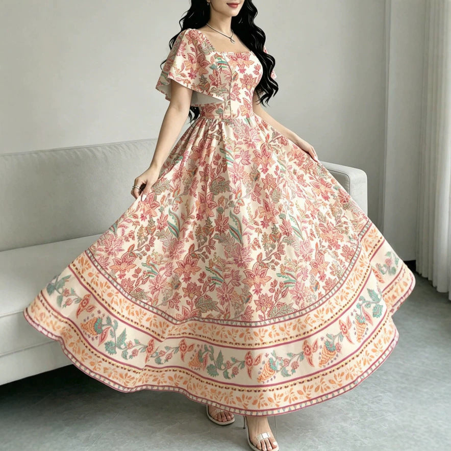 european and american new retro border floral square neck flutter sleeve maxi dress - cinched waist, flared hem, printed dress