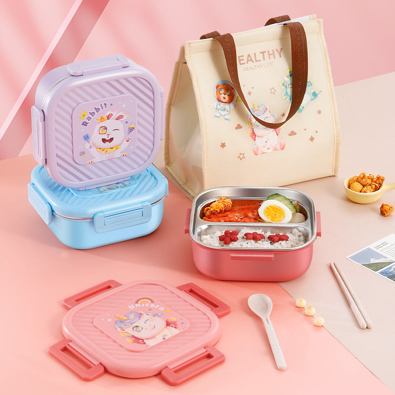 304 stainless steel lunch box - perfect for elementary school students, office workers, and kids! features compartments, ideal for cafeteria use, and a fun cartoon design