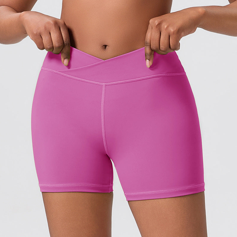 Three-quarter pants pure colorhigh waist tummy control butt lift peach tight fitness sports pants front cross outwear yoga shorts