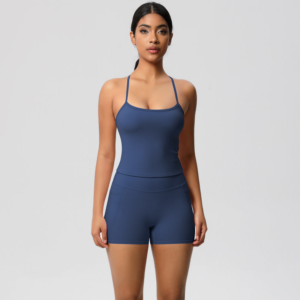 Cloud-feel, brushed, quick-dry yoga set: tank top with racerback, butt-lifting shorts, and pockets - perfect for running and fitness