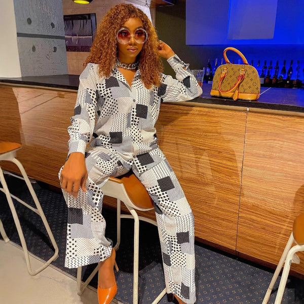 African women's fashion printed cardigan lapel long-sleeved shirt casual pants European and American foreign style simple new two-piece set