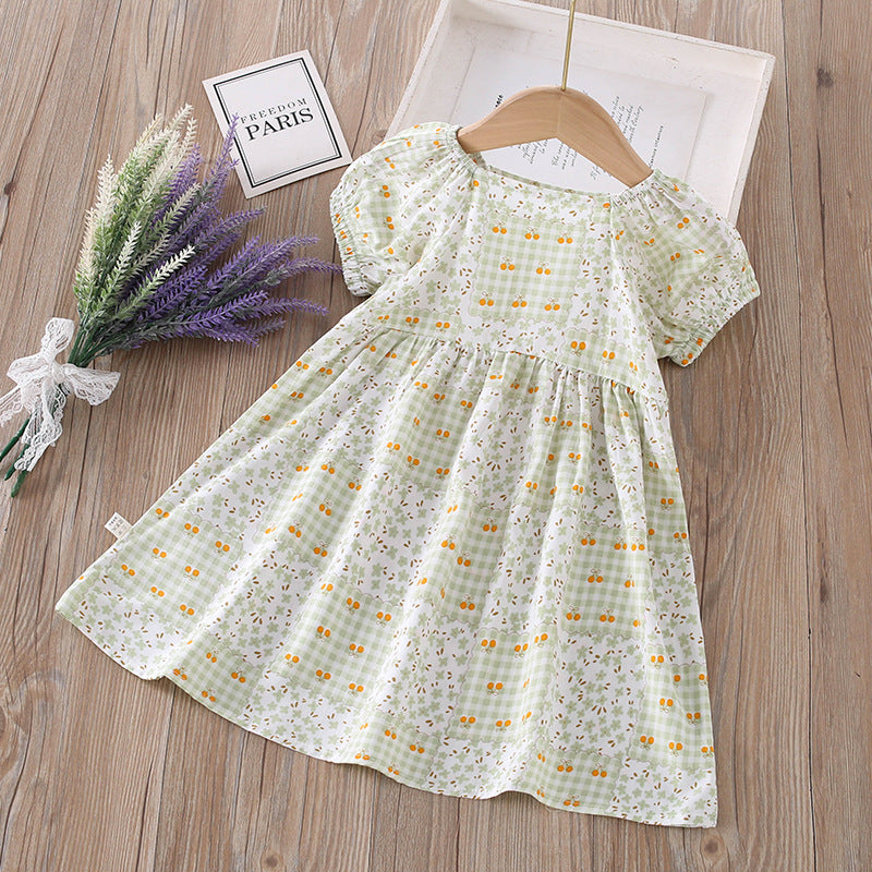 【matching family outfits】girls' cotton silk floral dress - princess style, stylish print, and puff sleeve skirt