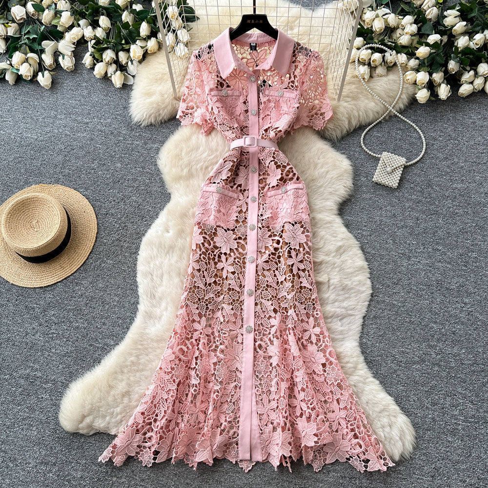 French chic heavy lace cutout dress - women's summer collared, slim-fit, work-ready, elegant maxi dress