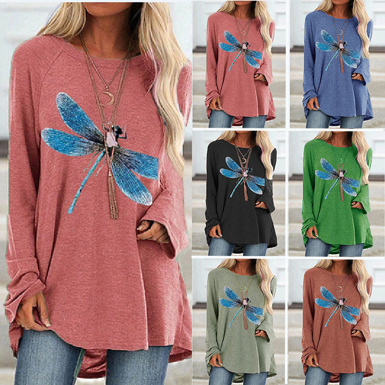 2025 amazon wish european and american new women's long-sleeve crew neck dragonfly print plus size t-shirt - casual and versatile
