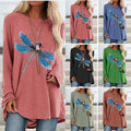 2025 amazon wish european and american new women's long-sleeve crew neck dragonfly print plus size t-shirt - casual and versatile