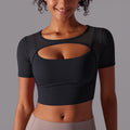 New arrival nude mesh cut out short-sleeved fake two-piece yoga top all-in-one coaster bubble wrap push-up fitness beautiful back