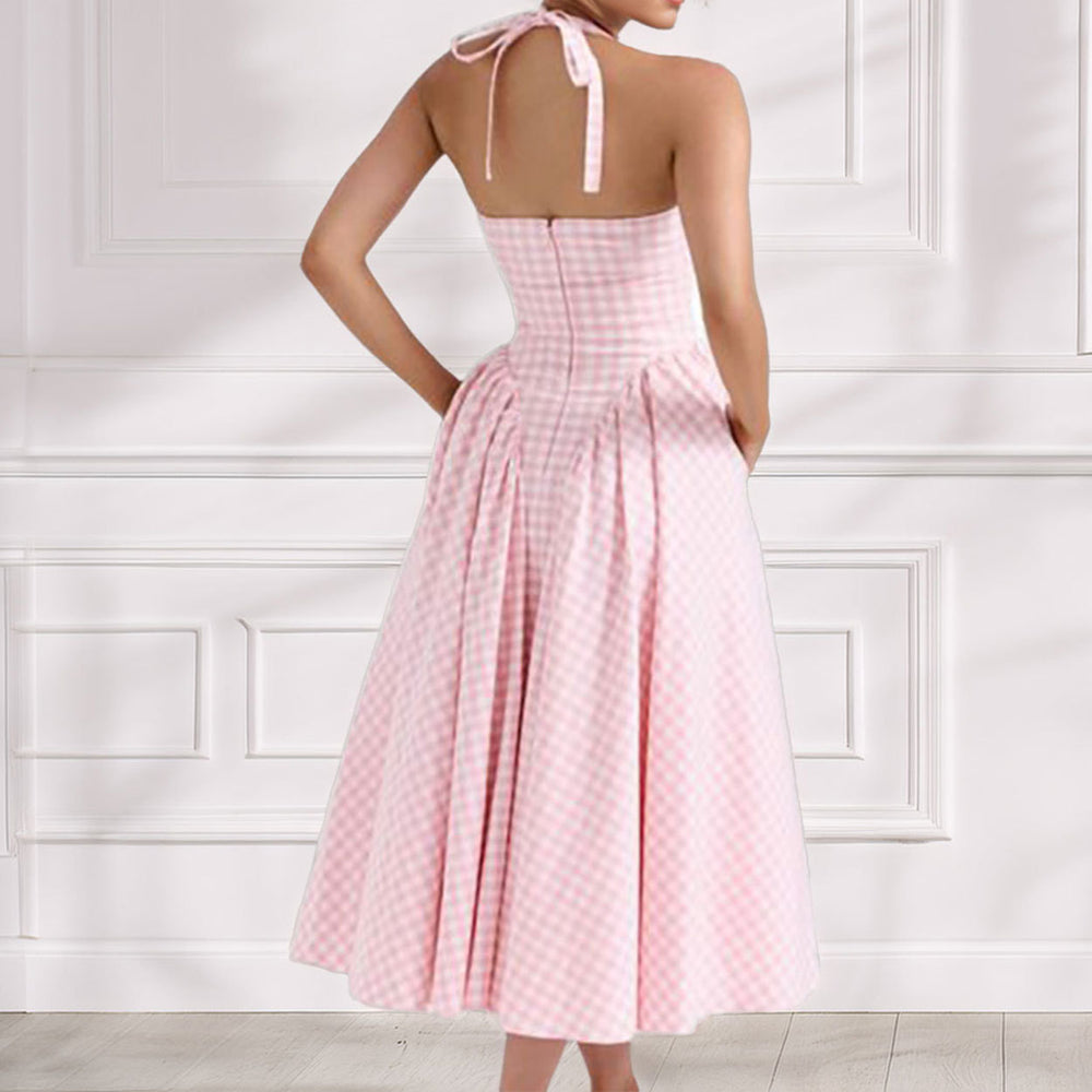 cross-border e-commerce european and american women's clothing: new summer collection - elegant halter v-neck, waist-cinching french dress