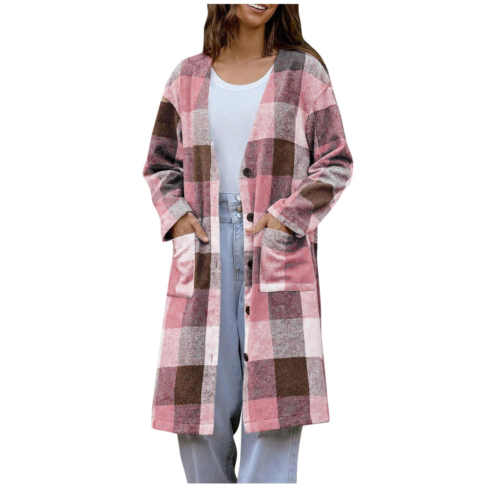 fashion cross-border casual woolenplaid medium long flap pocket pants button long sleevescardiganfashionoutwear
