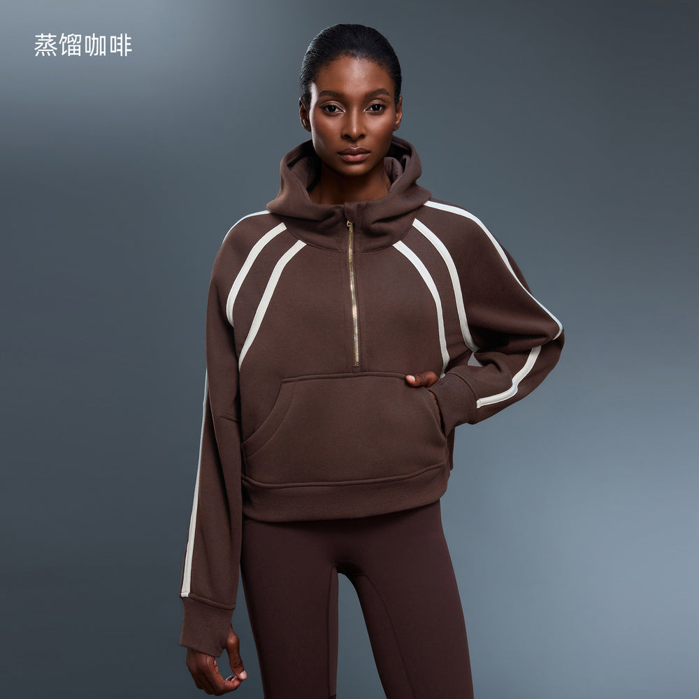 High collar half-zip hooded sweatshirt women's fleece-linedloosecontrast color sports topseasiest for matchcasualoutweard25159