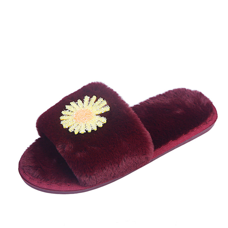 Winter japanese-style daisy print couple's slippers, indoor floor warm home shoes, postpartum care faux rabbit fur plush slippers