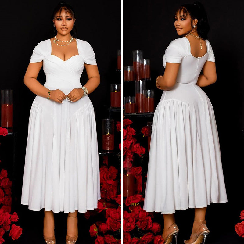 European and american style elegant women's solid color pleated a-line dress v-neck short sleeve slim fit backless maxi dress banquet gown