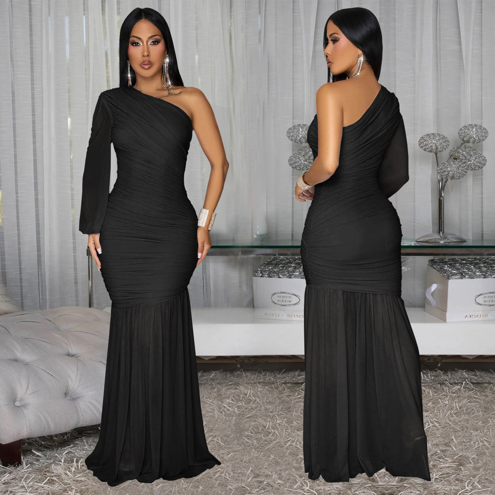 C7500 cross-border   fashion women's sexy one-shoulder mesh high-end dress - new