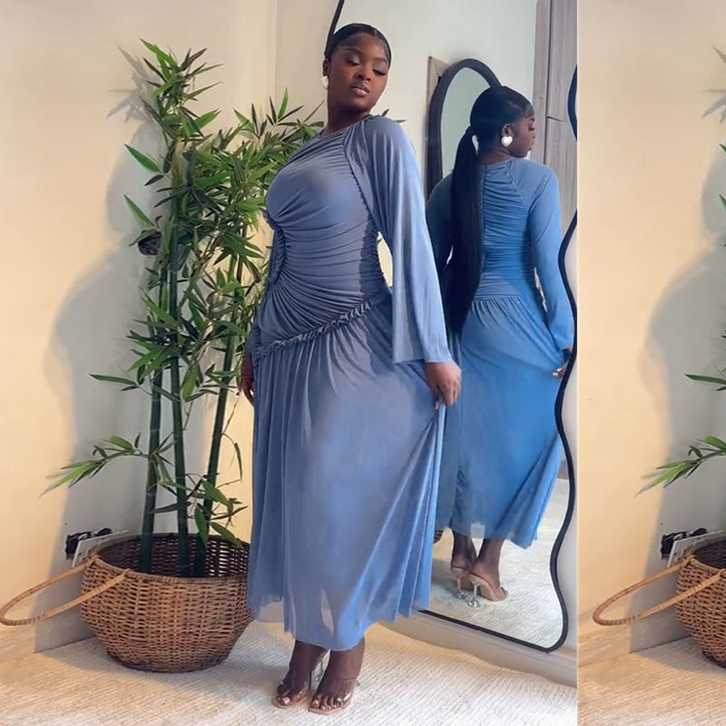 European and american women's clothing  autumn new sweet and fresh round neck long sleeve high waist slimming a-line maxi dress