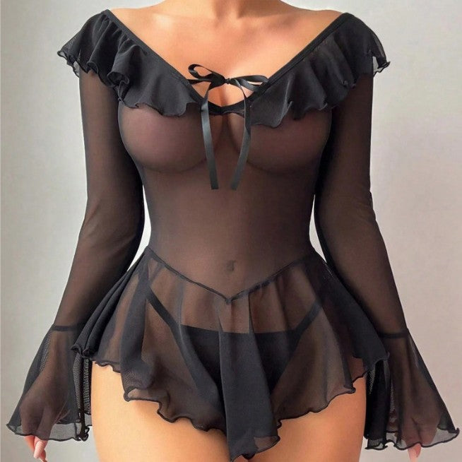 New arrival cross-border fashionsexy see-through mesh dress one shoulder pure desire bell sleeve sexy intimates