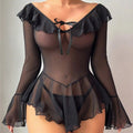 New arrival cross-border fashionsexy see-through mesh dress one shoulder pure desire bell sleeve sexy intimates
