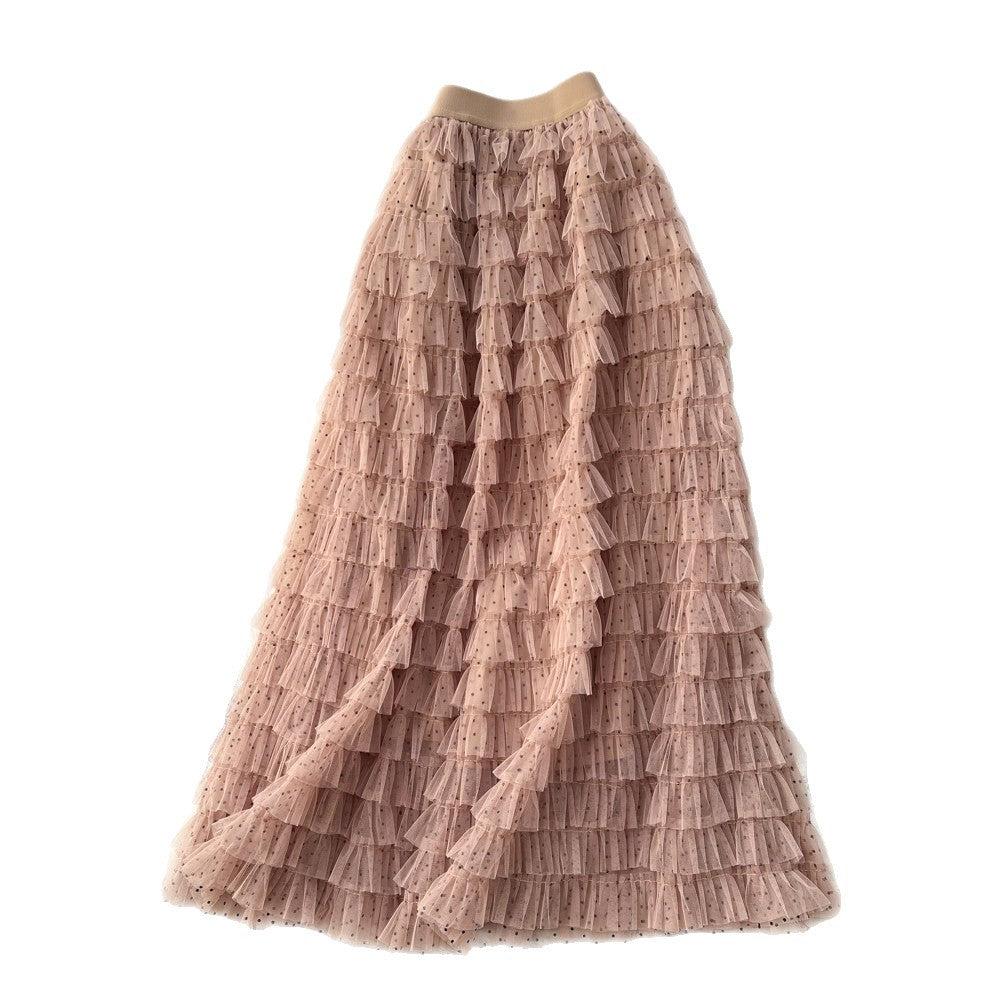 Fairy style high waist mesh patchwork cake skirt for women spring layered fluffy skirt slimming lookeasiest for matcha-line long skirt