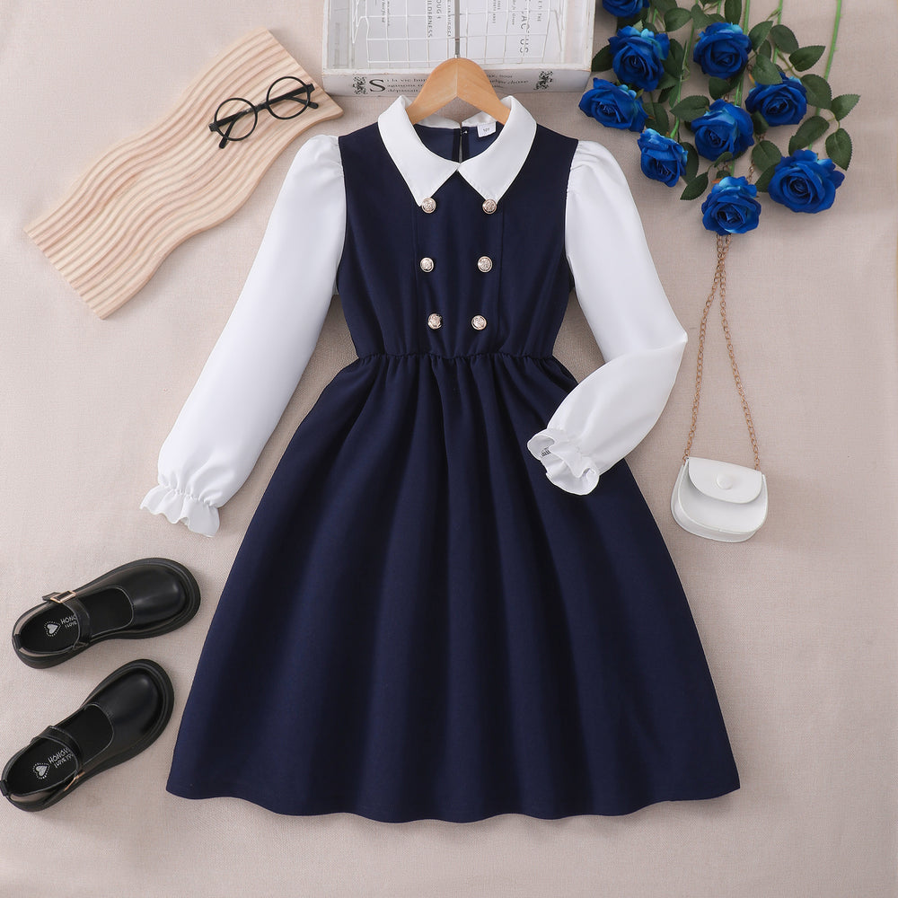 Girls' (mid-to-large size) dress, button-down collar, faux two-piece long sleeve dress
