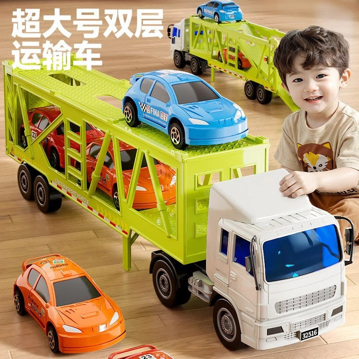 Kids double-layer fire flatbed transport truck large size resistant to falling engineering trailer container toy inertia car model boy
