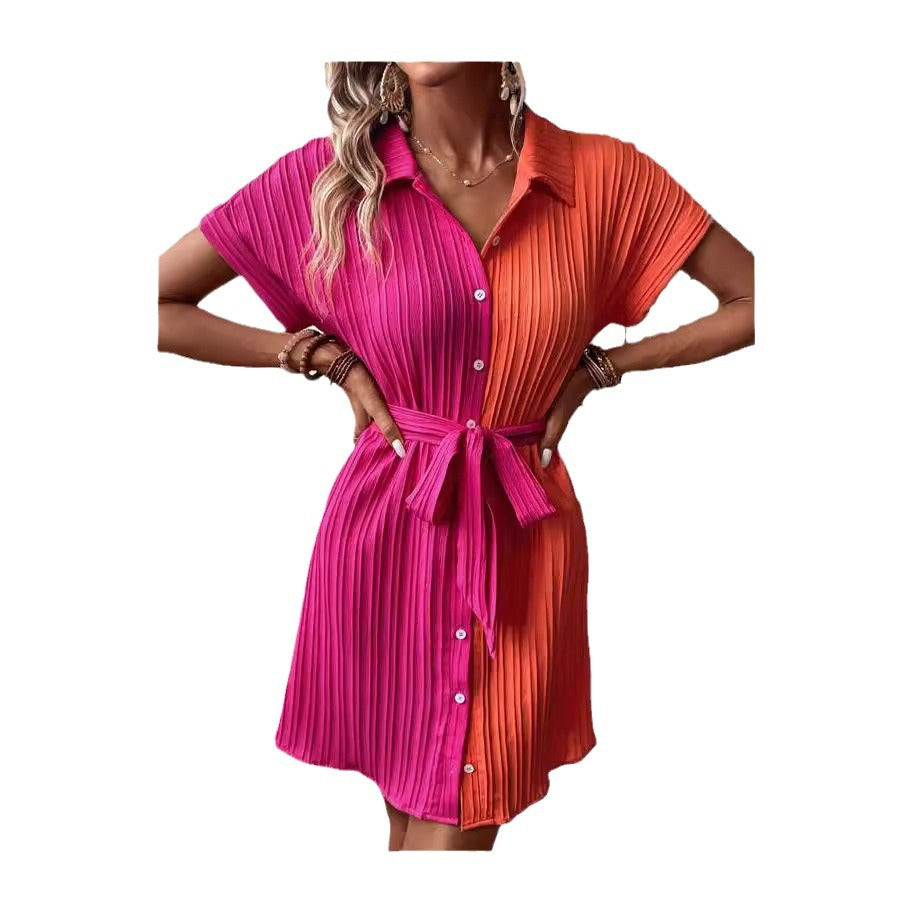 new european and american style women's blouse dress: color block batwing sleeve, tie waist, slimming and elegant