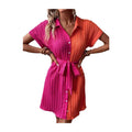 new european and american style women's blouse dress: color block batwing sleeve, tie waist, slimming and elegant