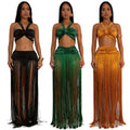 C7438 cross-border   fashion women's sexy strappy top and tassel maxi skirt two-piece set