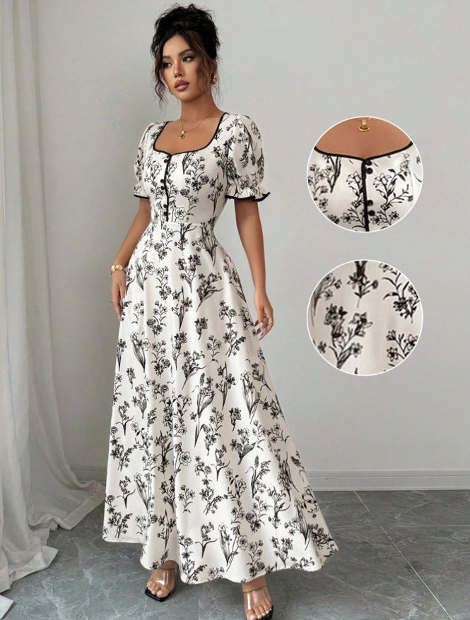 new french-style printed midi dress with cinched waist